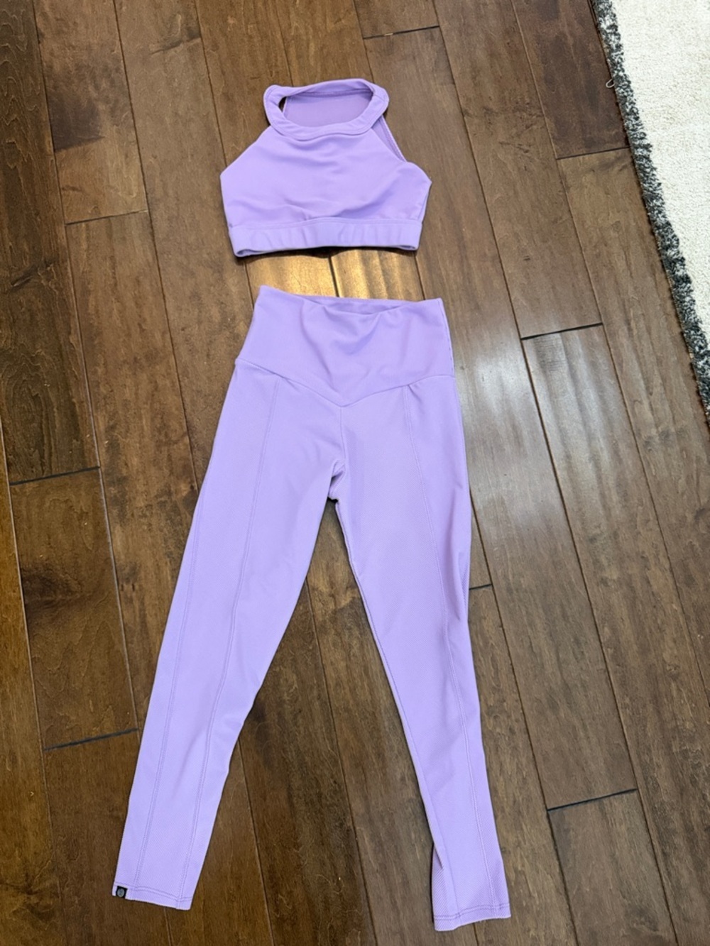 Onzie Lilac Ribbed Halter Sports Bra and leggings